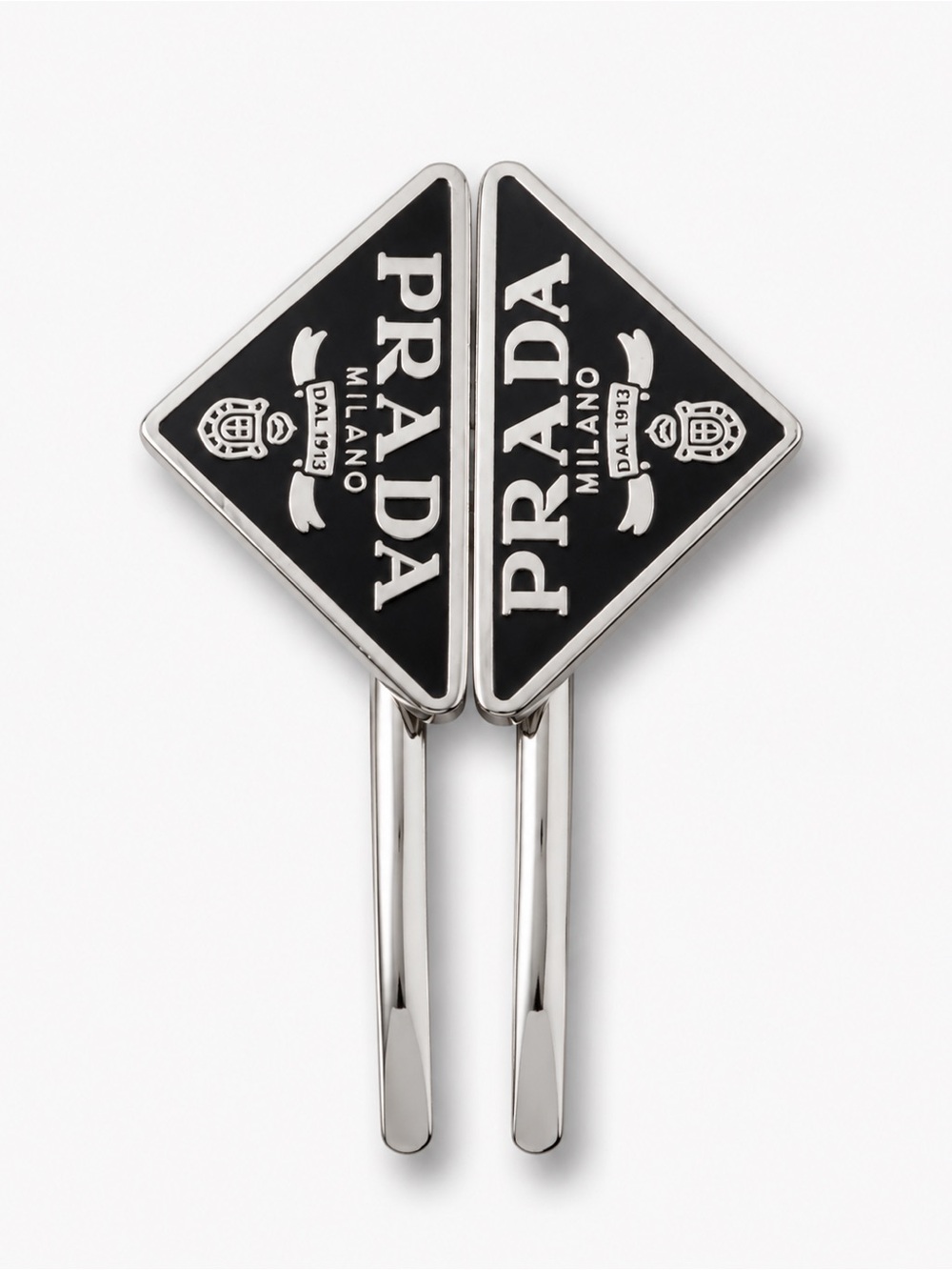 Prada Black and Silver Triangle Logo Hair Pins set of 2